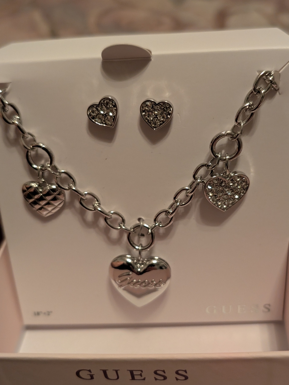 GUESS Silver Heart Charm Necklace and Stud Earrings Set - Silver